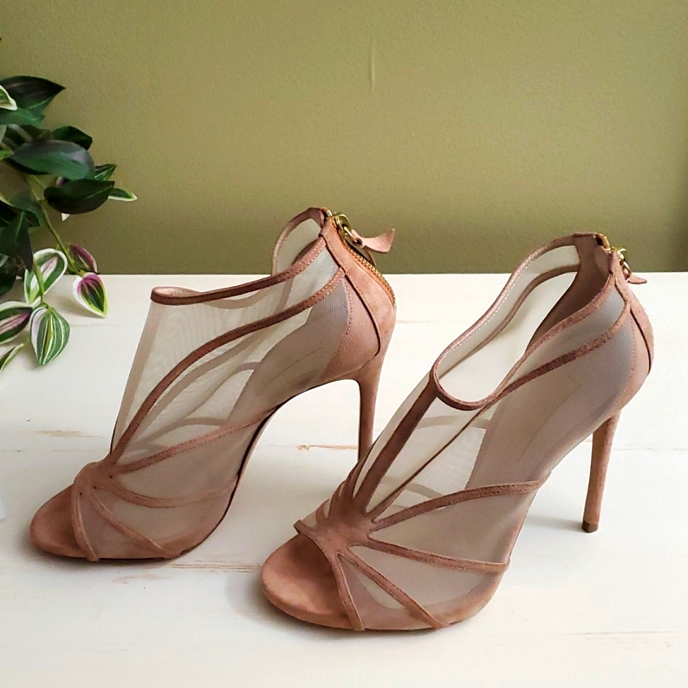 Casadei | Beige T-Strap Suede Peep-Toe Mesh Pumps Sz 7
